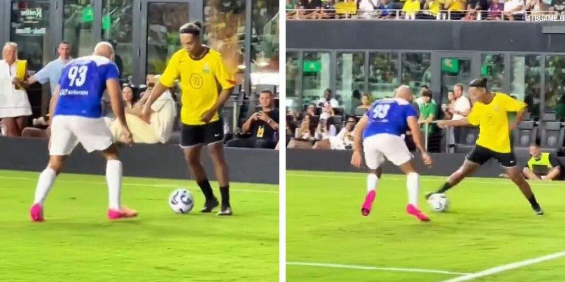 Ronaldinho 'le quiebra' la cintura al guardaespaldas de Messi en partido de exhibición; Andrés Guardado y Steve Nash también jugaron