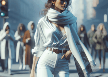 Kylie Jenner lleva jeans acampanados blancos y los estiliza con el pañuelo de seda en tendencia