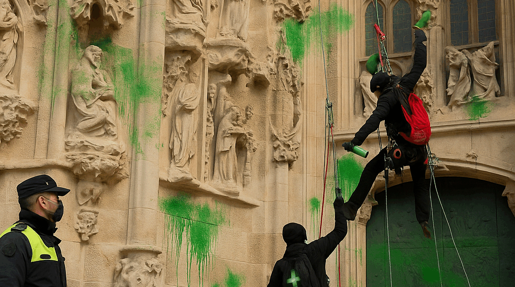 Activistas climáticas lanzan pintura sobre la fachada de la Sagrada Familia en Barcelona