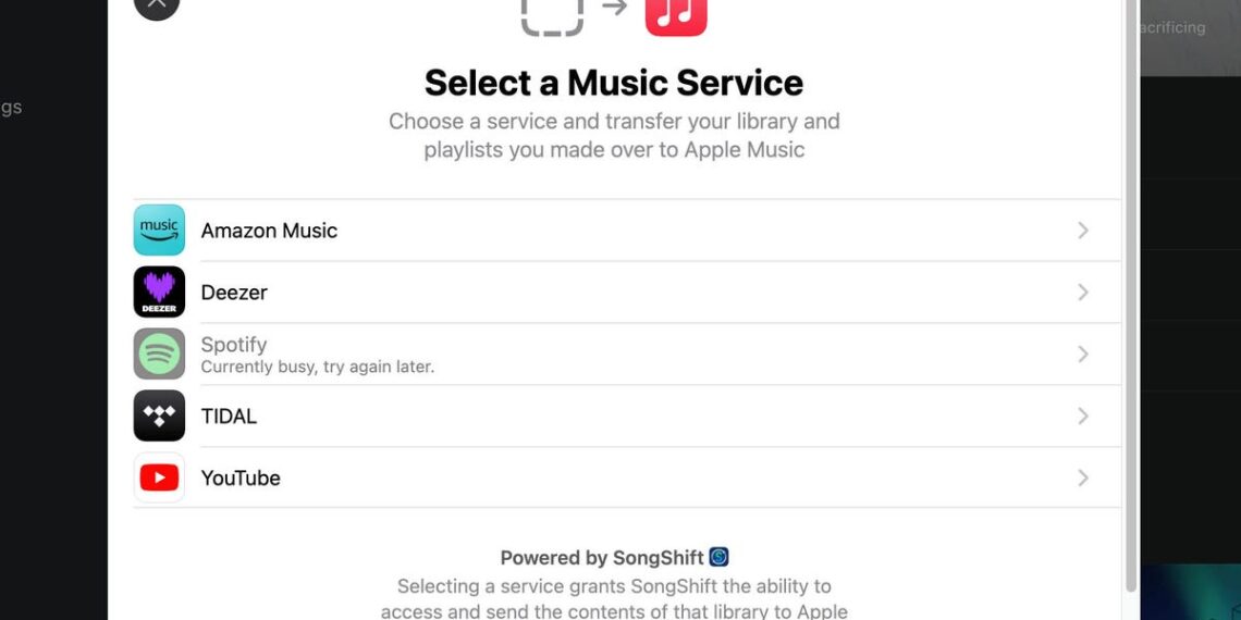 Apple Music's transfer song options with different music platforms shown.
