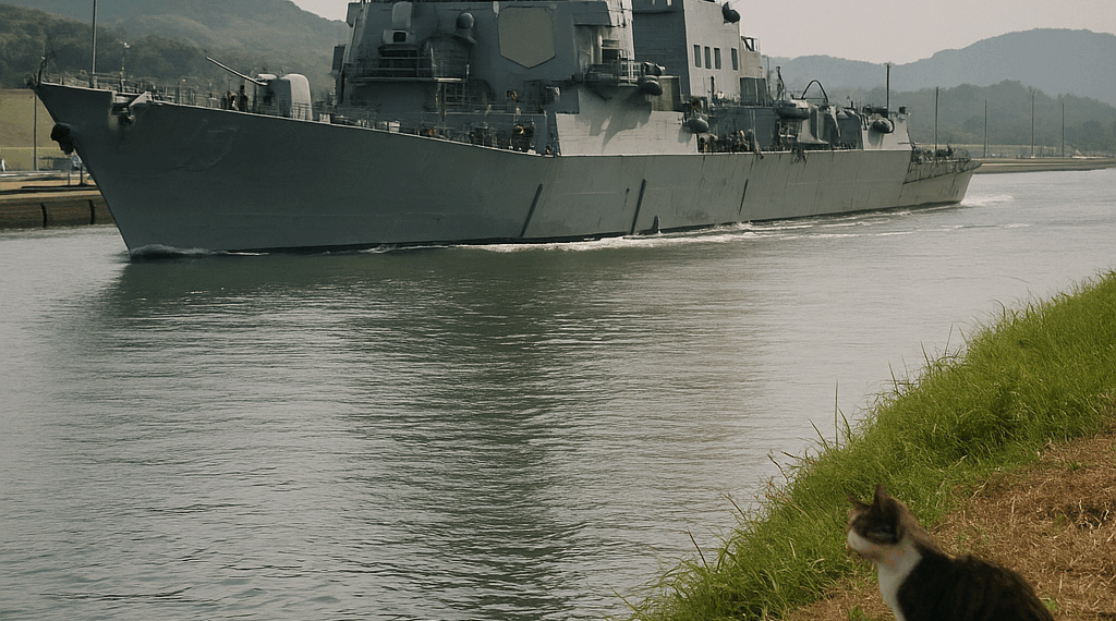 Un buque de guerra estadounidense navega por el canal de Panamá hacia el Caribe, en medio de las tensiones con Venezuela.
