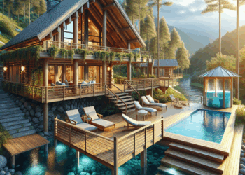 Cabaña con balcón privado y parque acuático