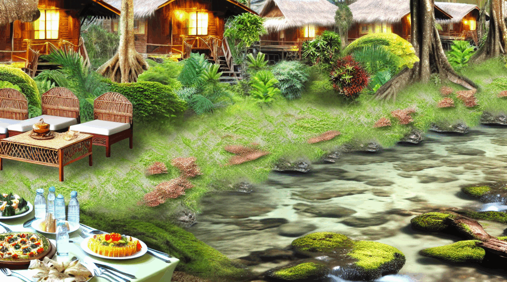 hay cabañas, comida deliciosa y un manantial