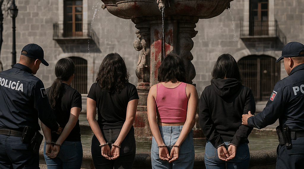 Cuatro detenidas por martillar fuente de San Miguel en zócalo de Puebla