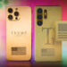 Two versions of the Trump Mobile T1 phone, and a closeup of the Spigen logo on one of them.