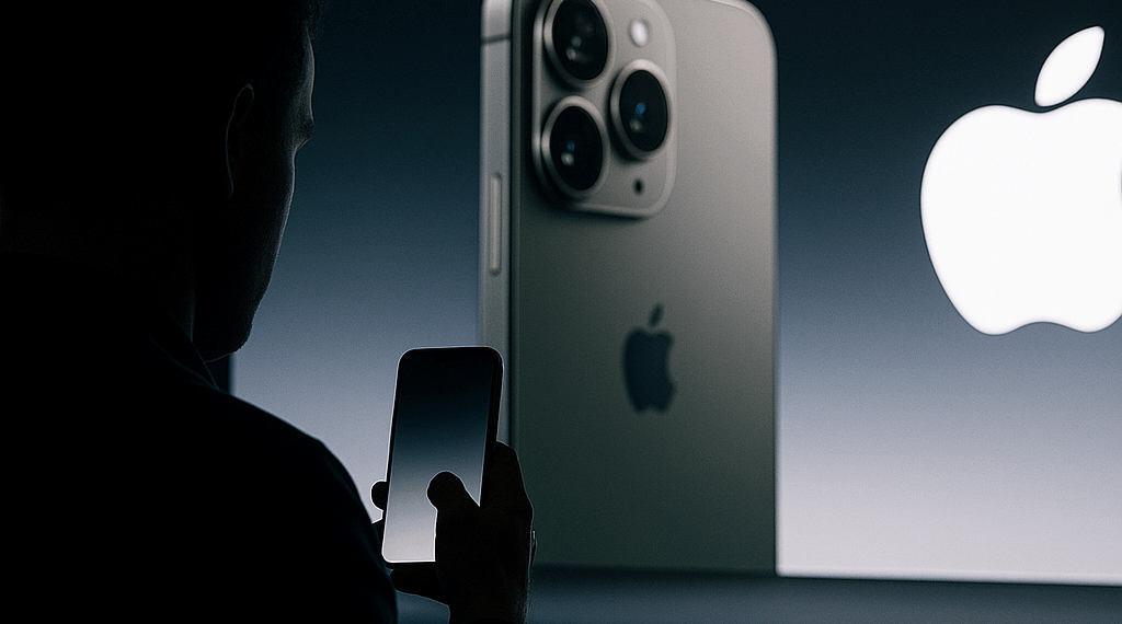 A concept of an iPhone 17 lit with purple light