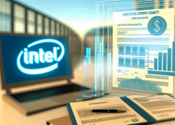 Intel Headquarters Robert Noyce Building in Santa Clara, California at night with Intel sign lit up.