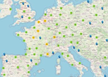 a map of central Europe showing location markers of exposed TeslaMate servers, as well as different colored clusters of more than one servers.