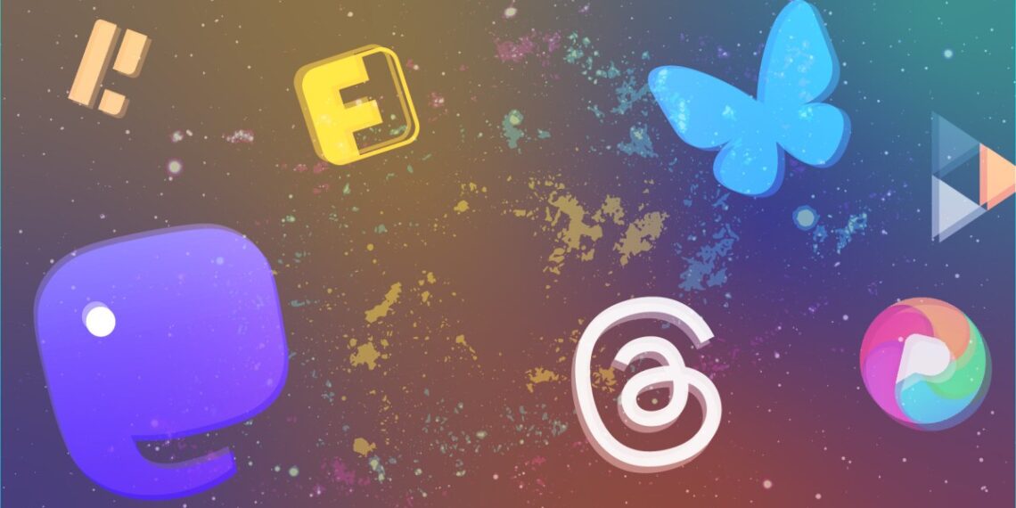 Composite of fediverse logos of Mastodon, Threads, Bluesky