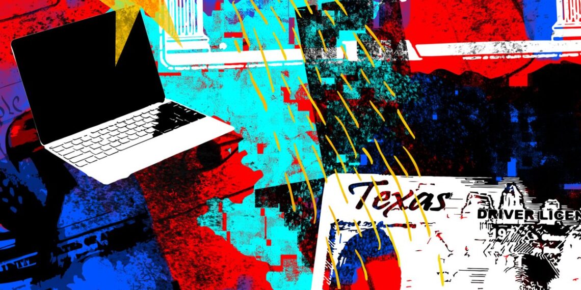an illustration of a laptop computer and a Texas driver's license on a colorful blue, red, and teal background