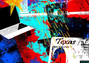 an illustration of a laptop computer and a Texas driver's license on a colorful blue, red, and teal background