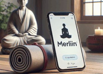 The Merlin Bird ID logo surrounded by purple waves and pink bird shadows in the background.