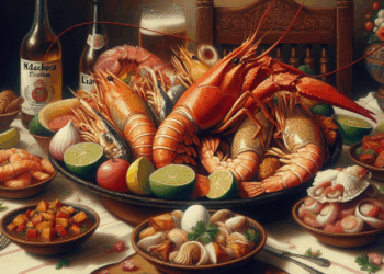 platos con mariscos frescos y machaca