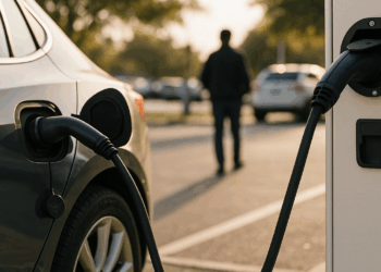 the back of an electric vehicle is shown in front of two charging units, which are in front of a green paneled house sitting next to a yard with flowers and trees