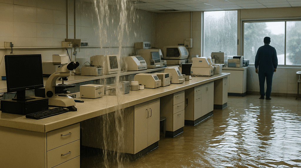 Lluvia provocó encharcamientos en área de laboratorio del IMSS La Margarita