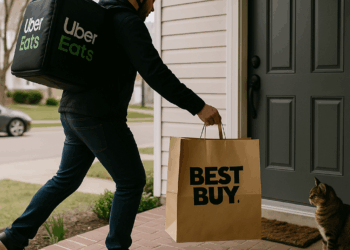 A Best Buy employee loads a boxed television into a silver car on a sunny day.