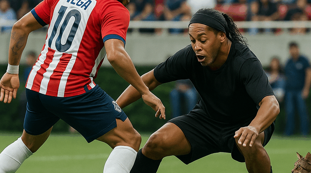 Alexis Vega 'humilla' con túnel a Ronaldinho en evento en CDMX