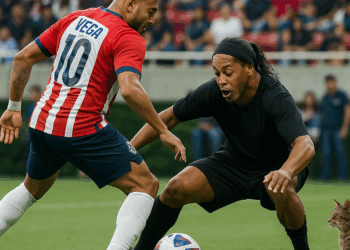 Alexis Vega 'humilla' con túnel a Ronaldinho en evento en CDMX
