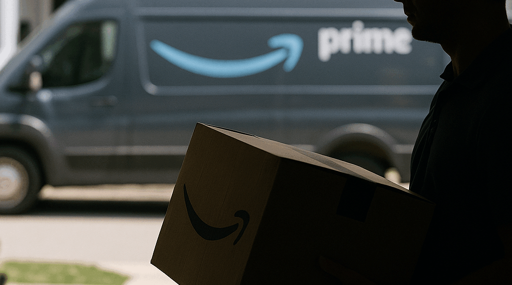 Amazon truck pulling away from San Diego fulfillment center on the way to make a package delivery.