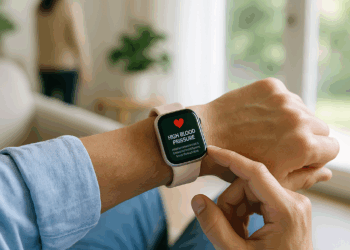 Apple Watch Series 11 on display on a stand among people.