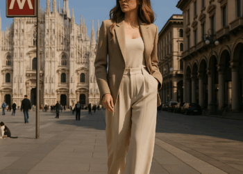 Belinda luce elegante con pantalones fluidos y zapatos de plataforma en Milán