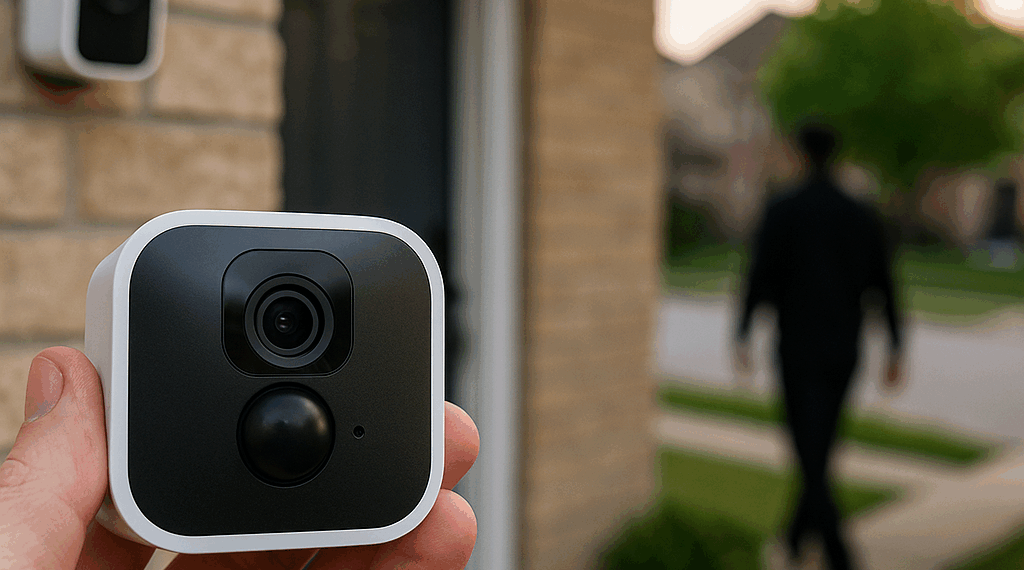 The Blink Outdoor 4 camera connected to a wooden fence post.