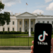 The TikTok app and logo are seen on a mobile device in front of a US flag