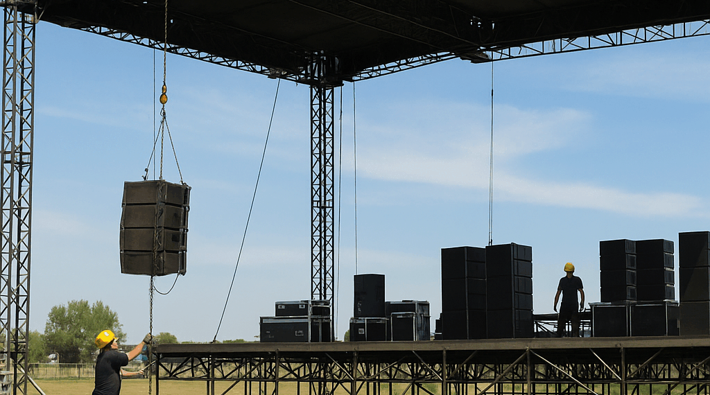 Inicia instalación del escenario de Julión Álvarez en el Paseo Bravo