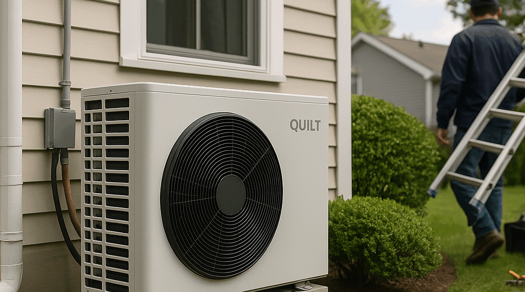 A Quilt heat pump outdoor unit sits outside a white house.