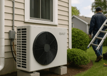 A Quilt heat pump outdoor unit sits outside a white house.
