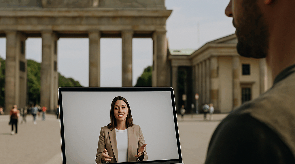 Man standing on a red platform, facing a holographic digital twin of himself. The background features a network of interconnected blue lights, creating a futuristic and high-tech atmosphere. The scene represents concepts of digital twins, virtual reality, and advanced technology.
