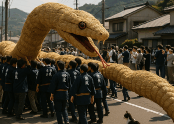 Vídeo. Una serpiente gigante de bambú desfila por un pueblo japonés