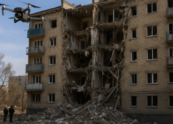 Vídeo. Edificio administrativo golpeado en Járkov, dron ataca calle concurrida