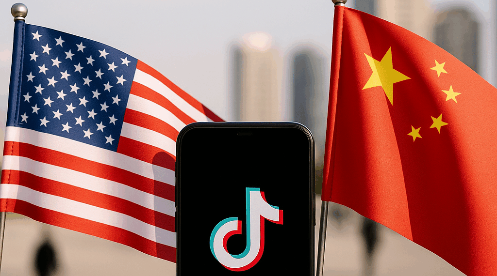 The TikTok app and logo are seen on a mobile device in front of a US flag