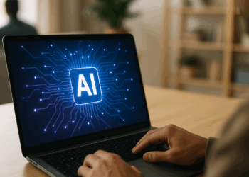 Acer Aspire 14 AI laptop in front of a door