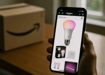 Amazon's Philips Hue intro screen showing dim light bulbs.