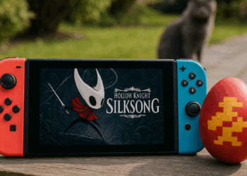 Hornet from Silksong stares up in the mosslands area