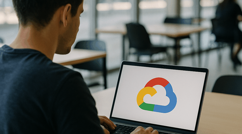 A Google Cloud logo outside the Google Cloud data center ahead of its ceremonial opening in Hanau, Germany, on Friday, Oct. 6, 2023. Microsoft Corp., Alphabet Inc.'s Google and ChatGPT maker OpenAI use cloud computing that relies on thousands of chips inside servers in massive data centers across the globe to train AI algorithms called models, analyzing data to help them learn to perform tasks. Photographer: Alex Kraus/Bloomberg via Getty Images