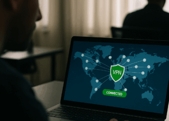 An image illustrating a person using VPNs on a computer.