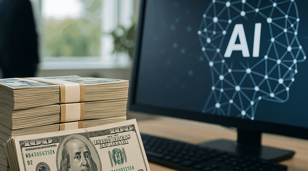 The two co-founders stand abreast in an office hallway wearing black logo t-shirts.