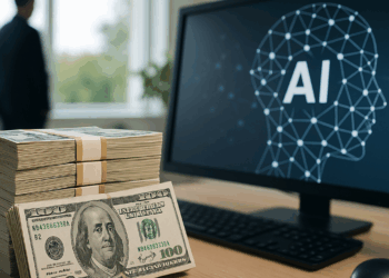 The two co-founders stand abreast in an office hallway wearing black logo t-shirts.