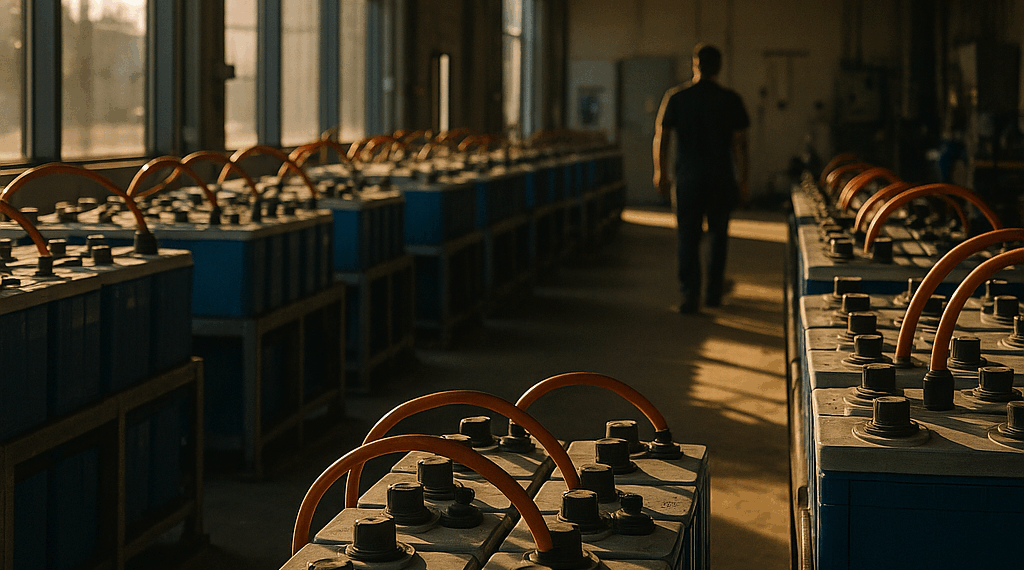 Natron's Blue Pack sodium-ion battery sits on a table.