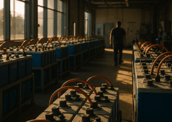 Natron's Blue Pack sodium-ion battery sits on a table.