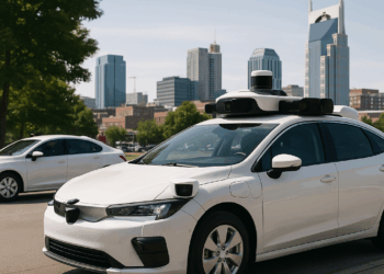 A Waymo autonomous vehicle operating on a tree-lined street in Santa Monica.