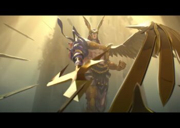 Angela flies high over the battle, threatening her opponents with ichor spears.