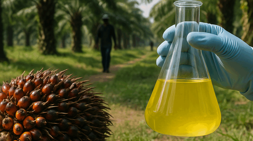 Two vials of oil sit against a leafy backdrop.