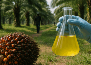 Two vials of oil sit against a leafy backdrop.