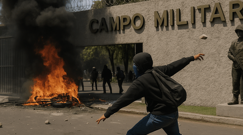 En el 11 aniversario del caso Ayotzinapa, un grupo de normalistas atacó el Campo Militar número 1