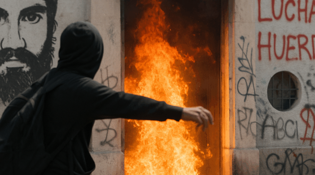 Protestan Normalistas de Ayotzinapa con petardos, pintas e incendios