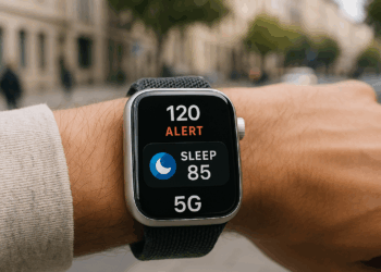 Close up view of an Apple Watch Series 11 on a purple background.